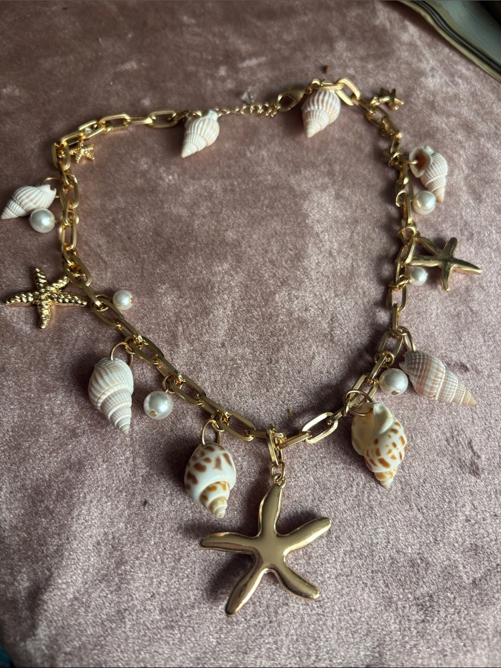 Gold Shell & Starfish Charm Necklace - Shell Beach Pendant